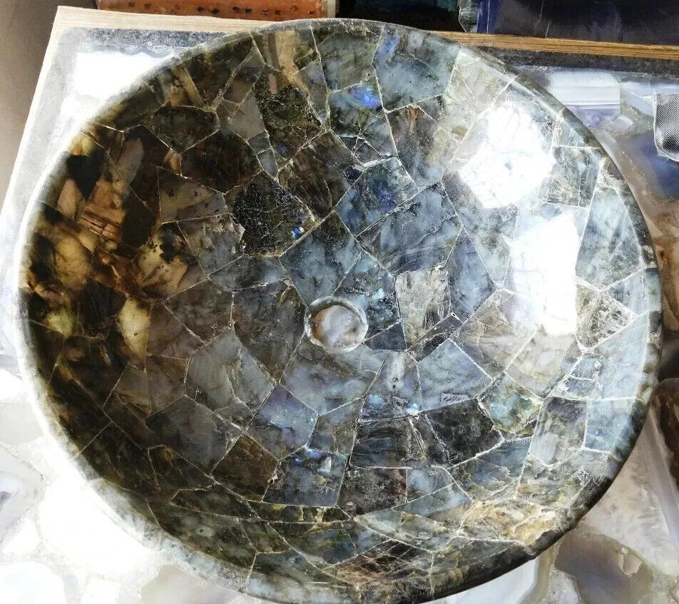 Elegant Labradorite Stone Vessel Sink Iridescent Gemstone Bathroom Basin