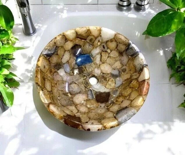 Lavabo en pierre d'agate verte fabriqué à la main Luxueux lavabo carré en mosaïque pour salles de bains modernes