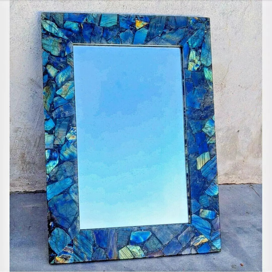 Rectangular Mirror with Blue Gemstone Mosaic Frame – Elegant Home Décor USA