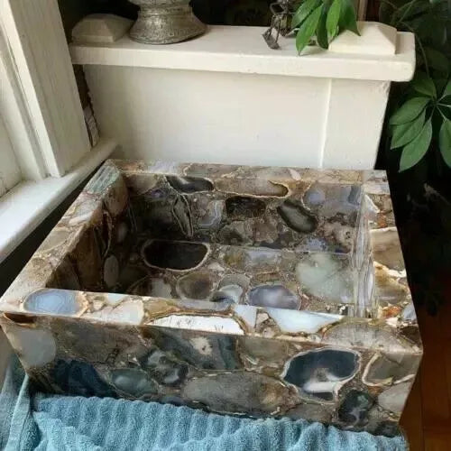 Handcrafted Rectangular Agate Stone Vessel Sink – Natural Polished Gemstone Bathroom Basin