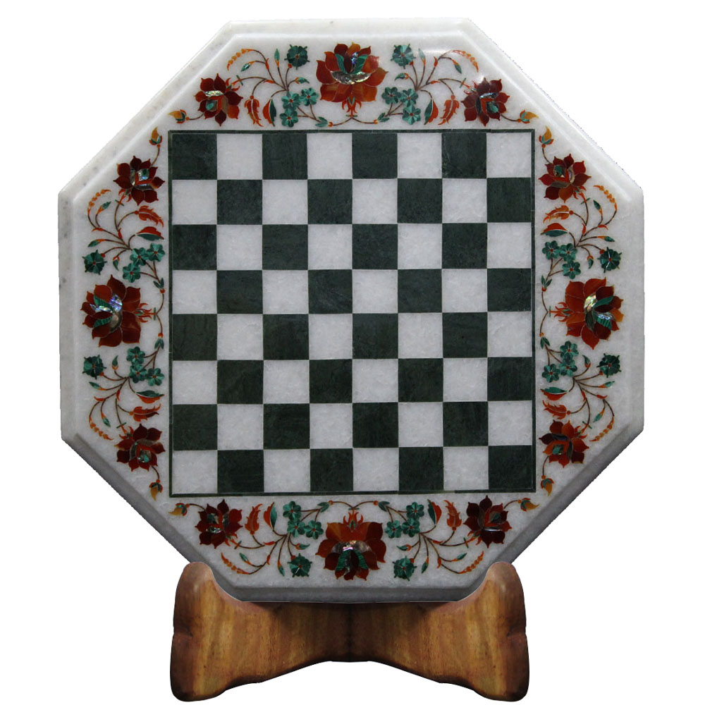Marble Chess Board Game Set Inlay Green Checkbox